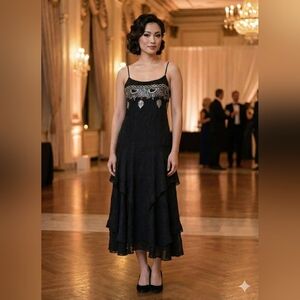 Vintage Y2K Sue Wong Black Tiered Handkerchief Hem Gown Women's L